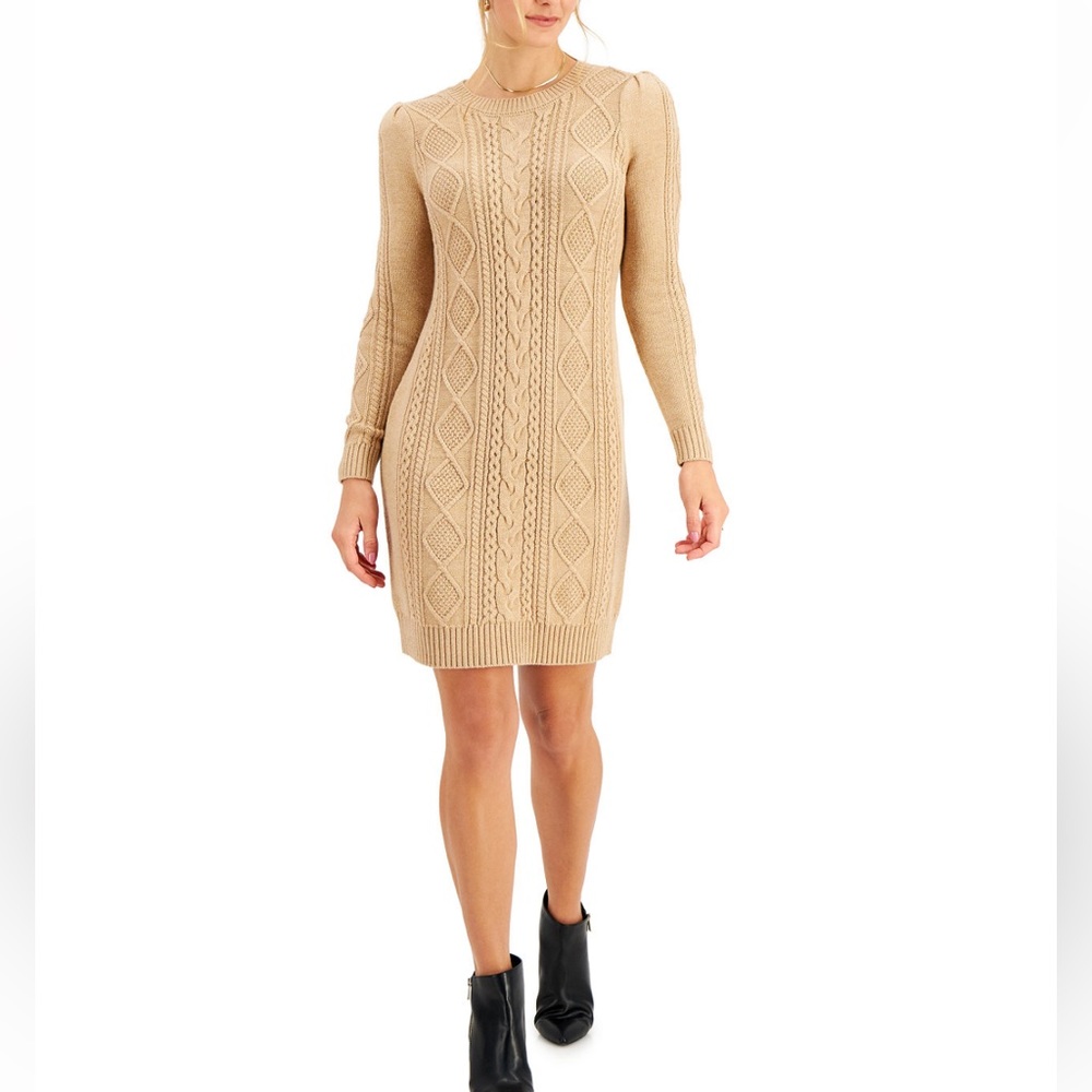 Elegant Charter Club Soft Knit Cable Sweater Dress in Camel/Tan Large